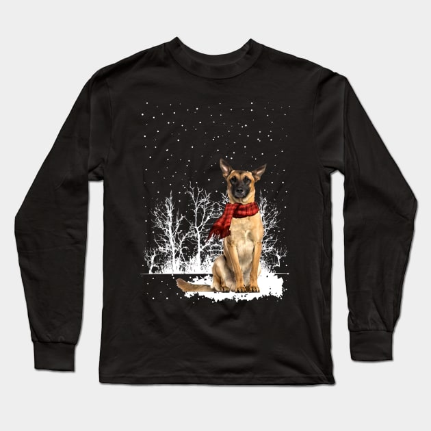 Christmas Belgian Malinois With Scarf In Winter Forest Long Sleeve T-Shirt by SuperMama1650